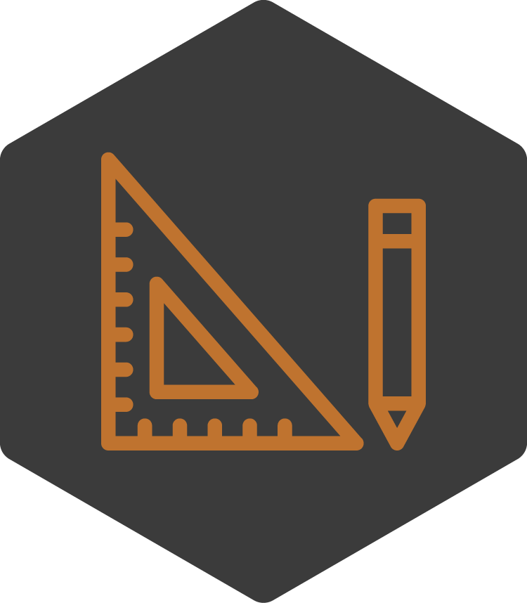 Icon of a ruler, a set square, and a pencil on a dark background.