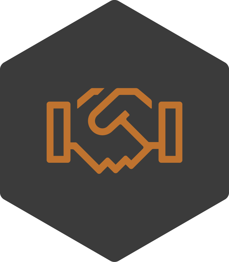 Orange outline of two hands shaking inside a black hexagon