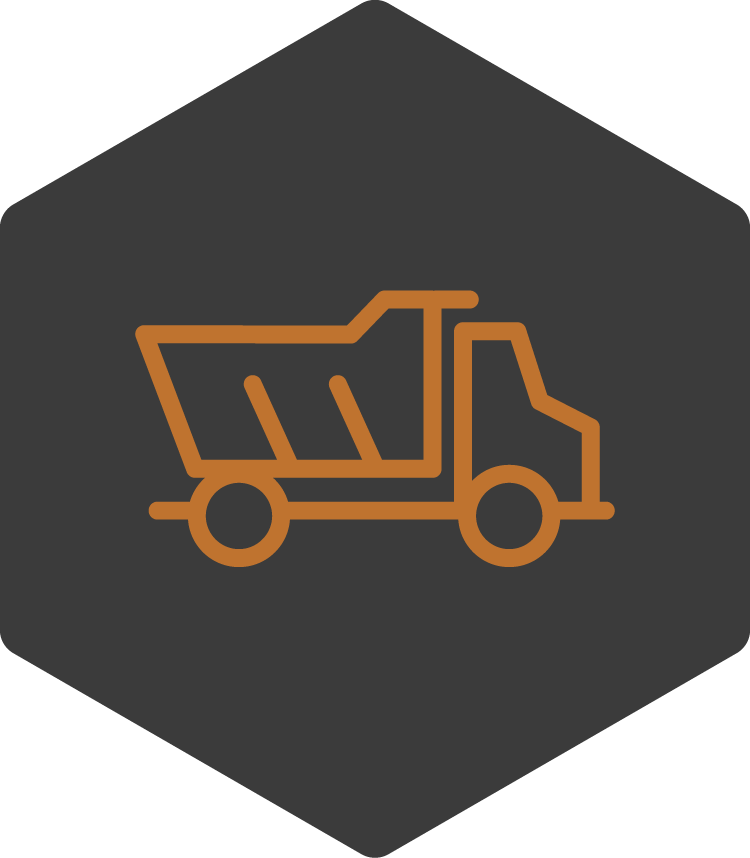 Icon of a delivery truck in brown on a dark gray hexagonal background.