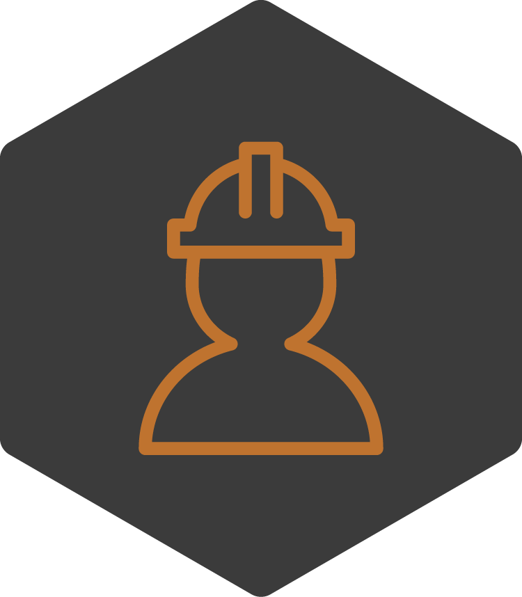 Icon of a person wearing a construction helmet, outlined in brown on a dark gray hexagonal background.