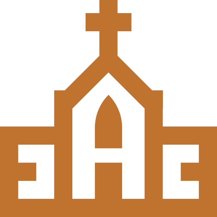 Stylized brown and white church with a cross on top, spelling out "LOVE".