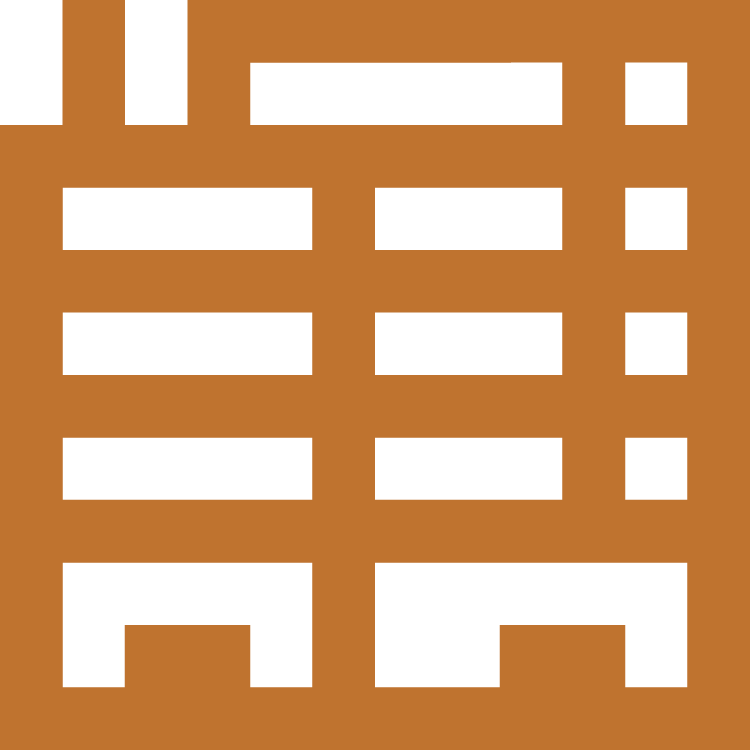 A pixelated, stylized depiction of a building with multiple floors, large windows, and a flat roof, rendered in shades of orange and brown.