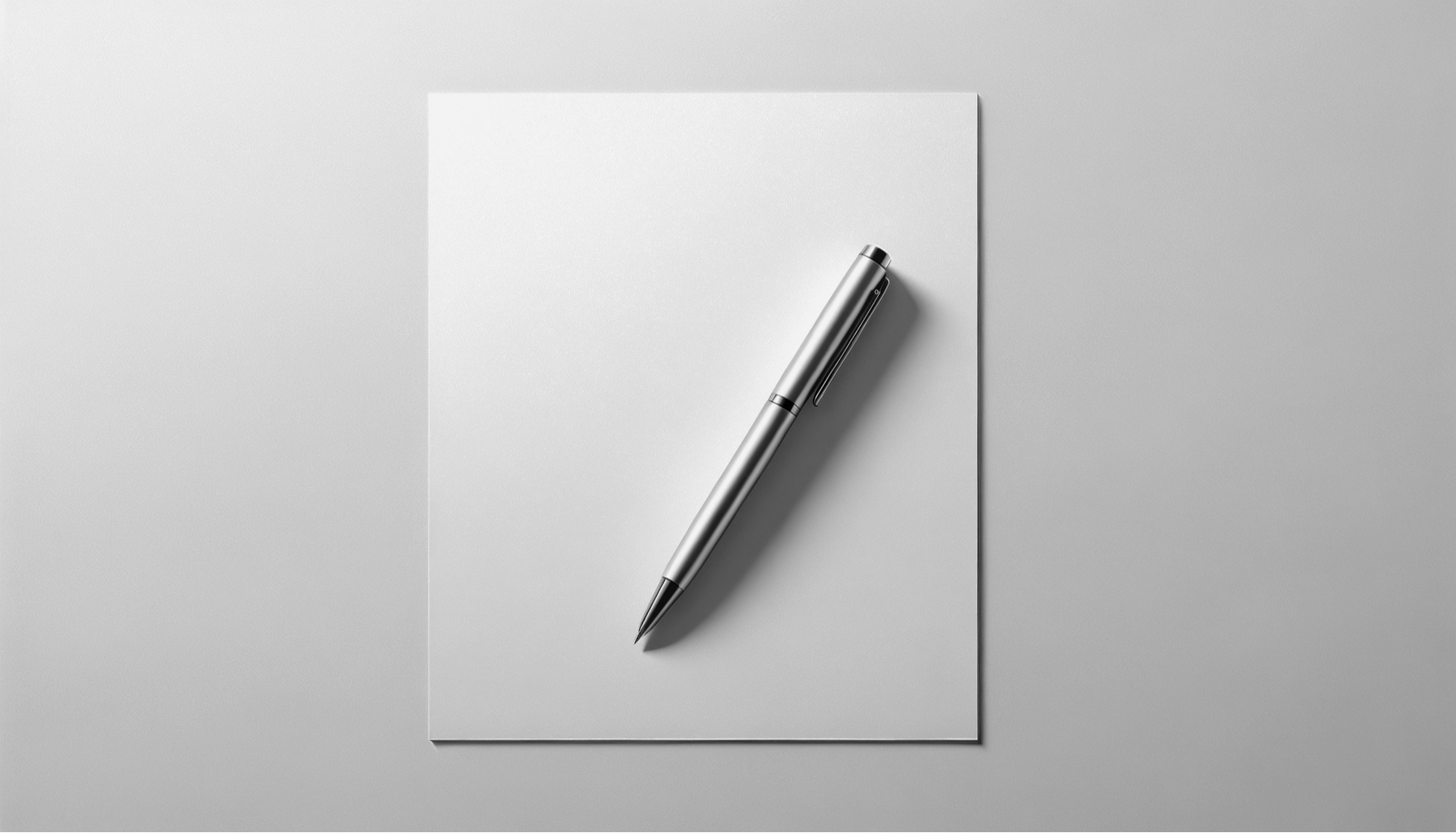 A silver pen resting on a blank sheet of white paper on a gray surface.