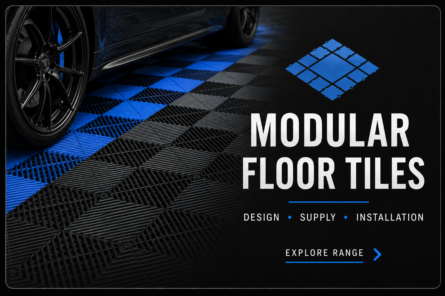 Image of car modulated floor tiles in black and blue, with a portion of a black car tire visible on the left. The text reads: 'MODULAR FLOOR TILES, DESIGN, SUPPLY, INSTALLATION. Explore Range'.