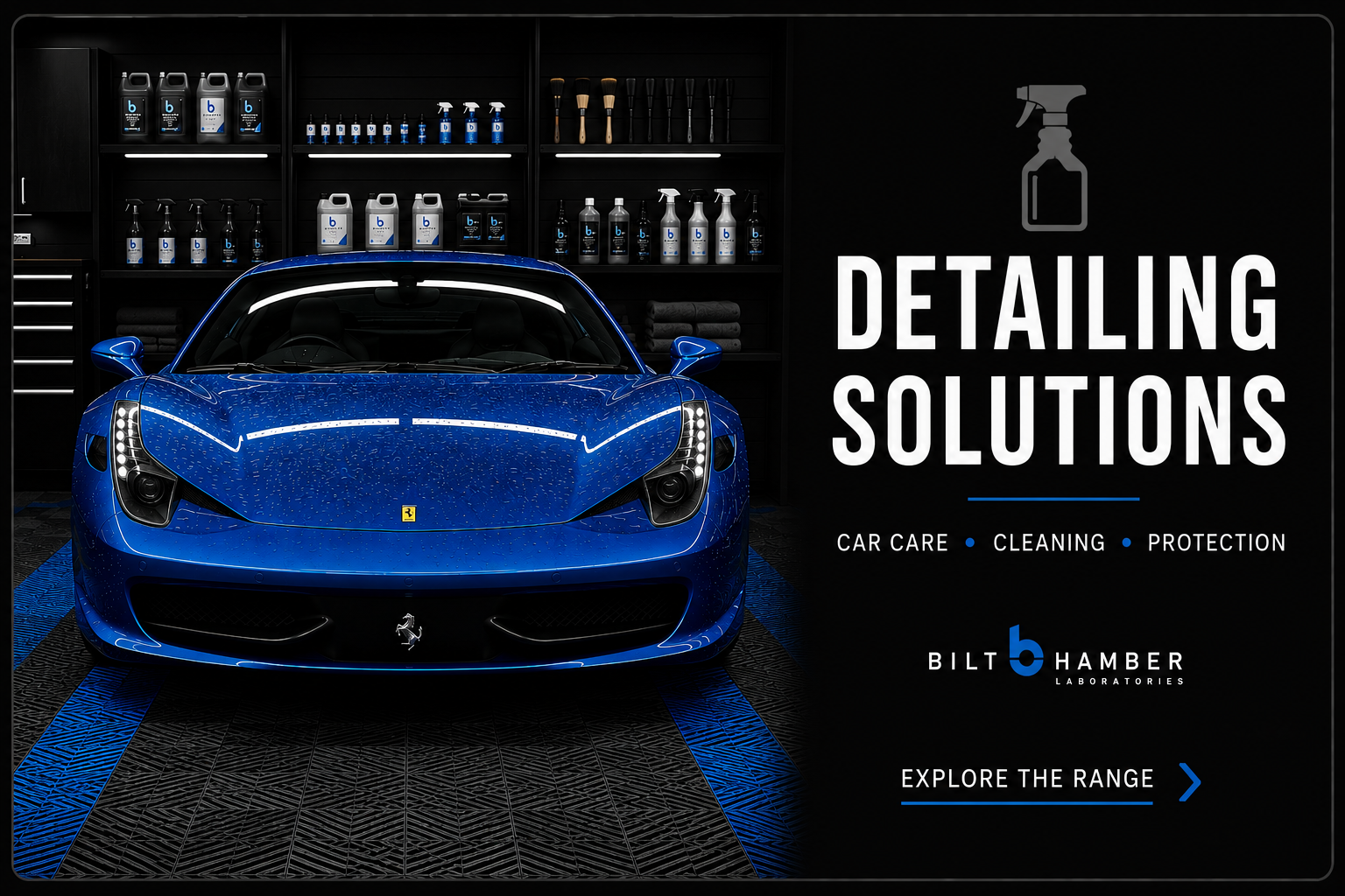 A blue sports car inside a professional detailing workshop with shelves of car care products, accompanied by text offering car care, cleaning, and protection services.