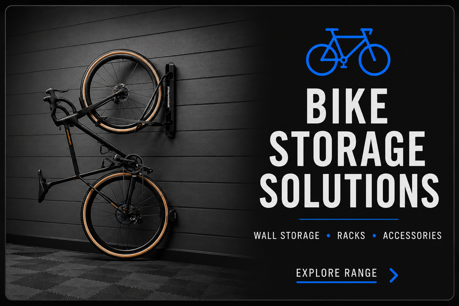 Black wall-mounted bike storage rack holding a black bicycle with tan tires in a modern interior, with text advertising bike storage solutions and a button to explore the product range.