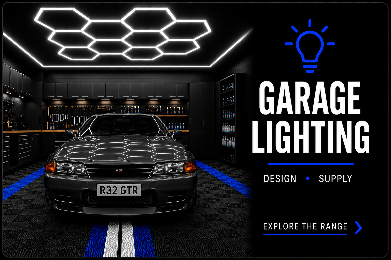A black sports car inside a dark garage with black walls and shelves, bright hexagonal ceiling lights, and blue and black striped flooring. The image includes a graphic logo of a lightbulb, and text promoting garage lighting, design, and supply, with a call to explore the range.