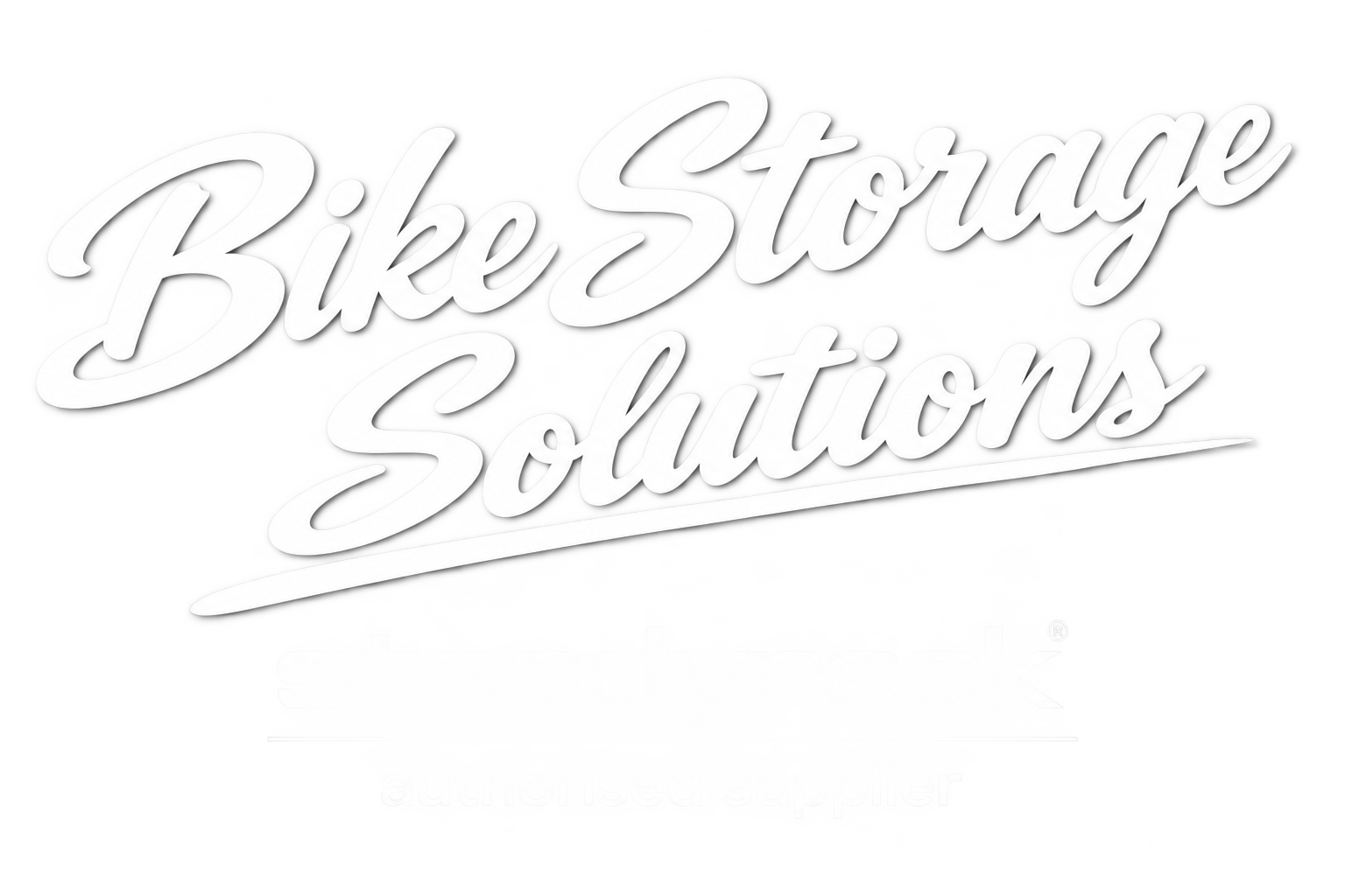 Logo for Bike Storage Solutions featuring stylized white cursive text with a swoosh underline and smaller text stating 'g'teadyrek' and 'authorised supplier'.