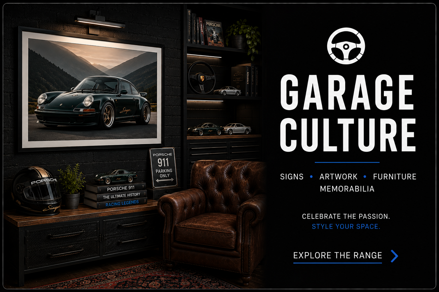 A car-themed garage space with a large framed image of a black Porsche 911, a leather armchair, shelves with model cars and books, and a sign that reads 'Porsche 911 Parking Only'. The wall features a neon sign reading 'Garage Culture' and promotional text about signs, artwork, furniture, and memorabilia.
