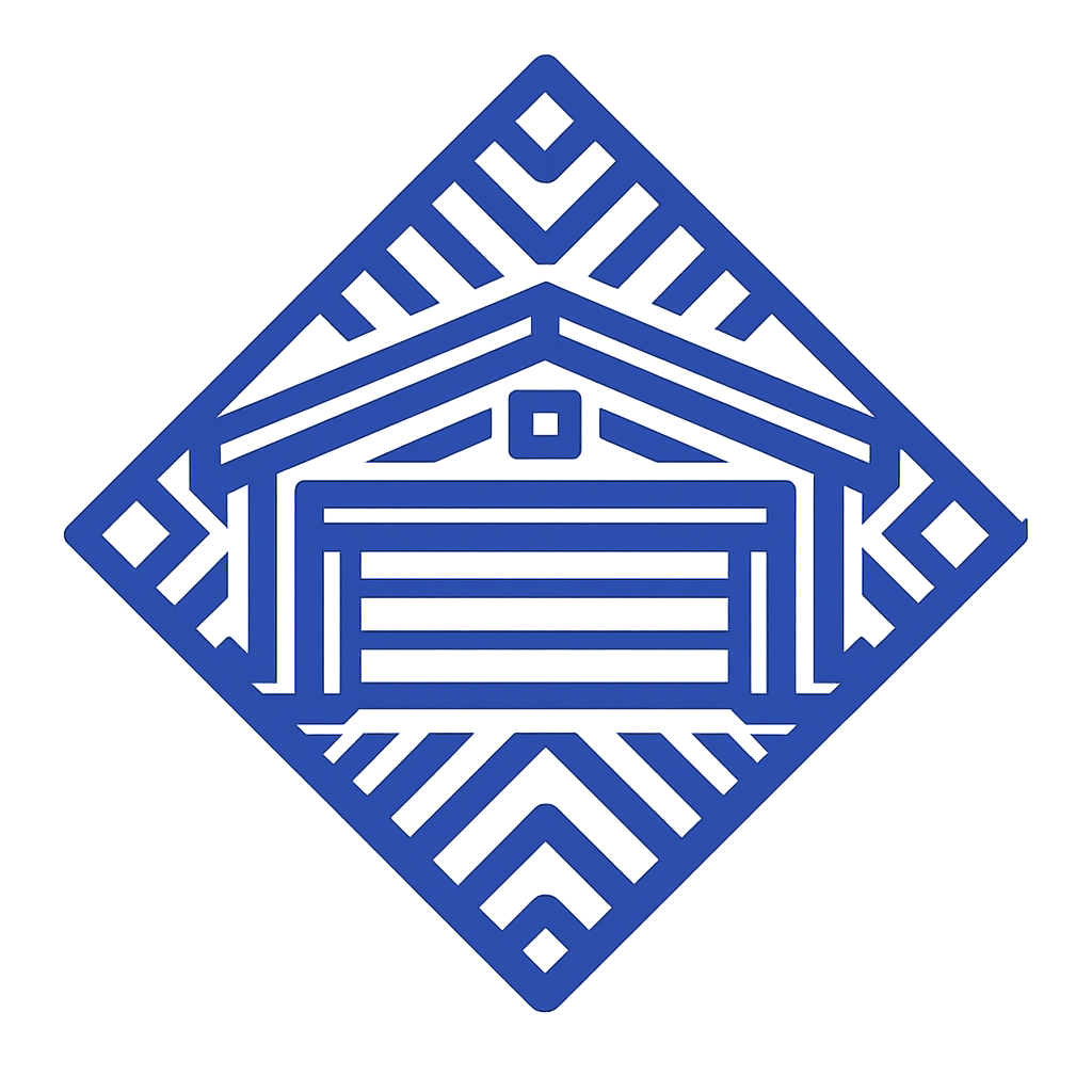 A blue line art illustration of a garage door inside a diamond-shaped border.