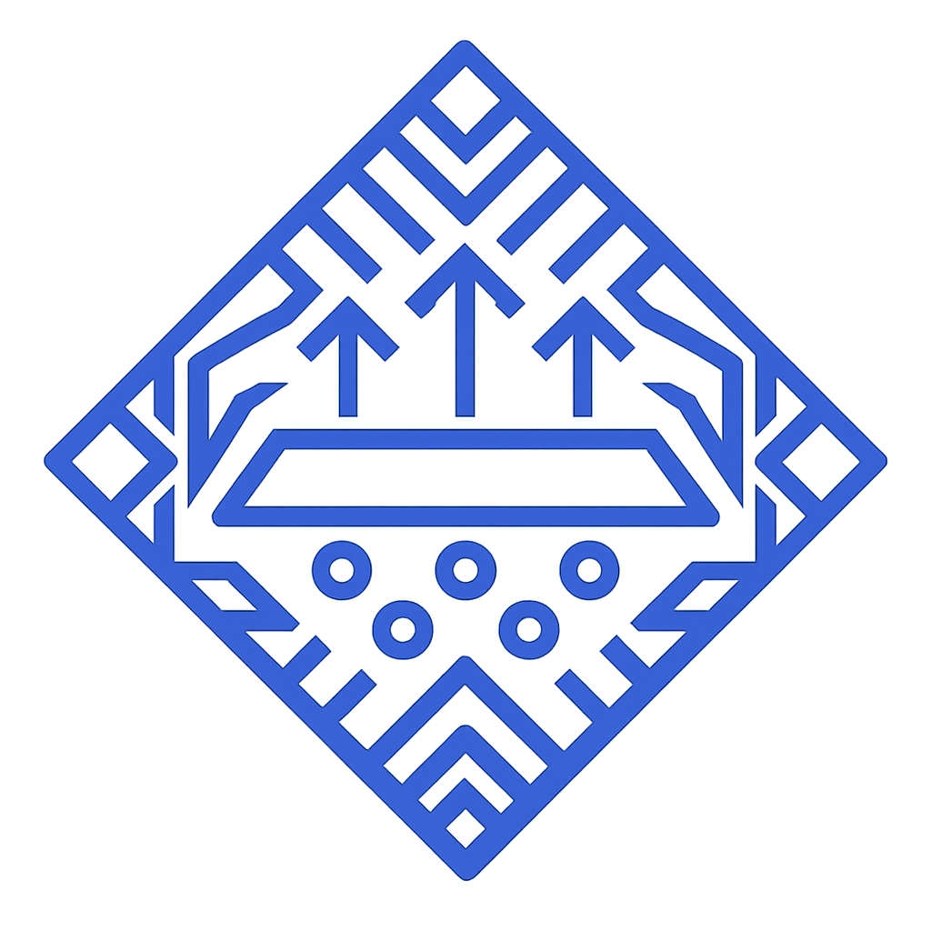 Blue outline of a gecko or lizard with geometric patterns and arrows, set against a black background.