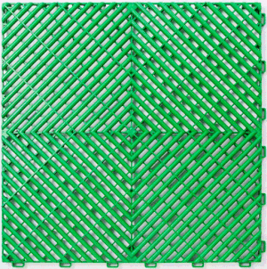 A pattern of green plastic lattice with a central diamond shape, forming a geometric design.