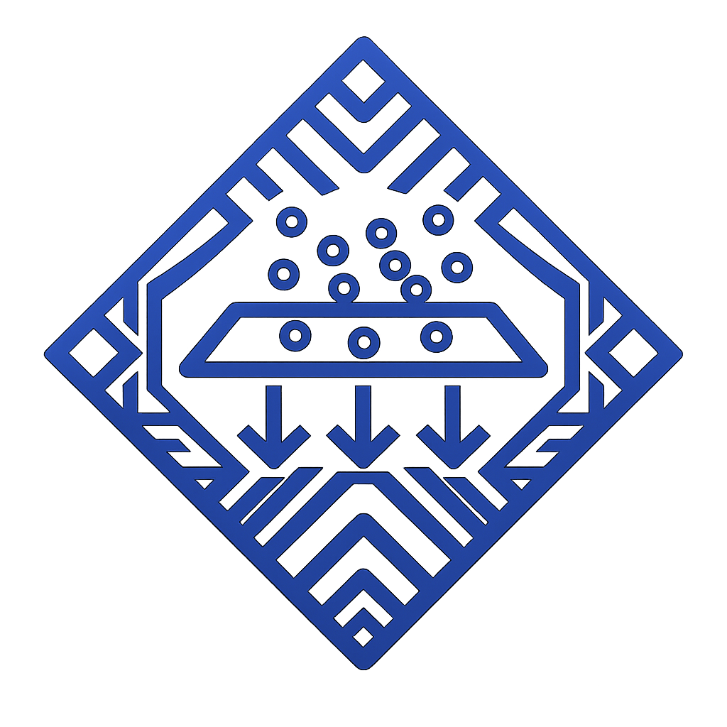 A digital illustration of a blue circuit board with a triangular shape, featuring interconnected lines, circles, and arrows, arranged in a symmetrical pattern.