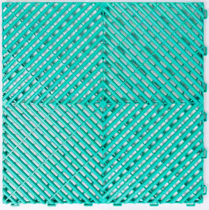 Close-up of a turquoise woven plastic mat with a diamond pattern