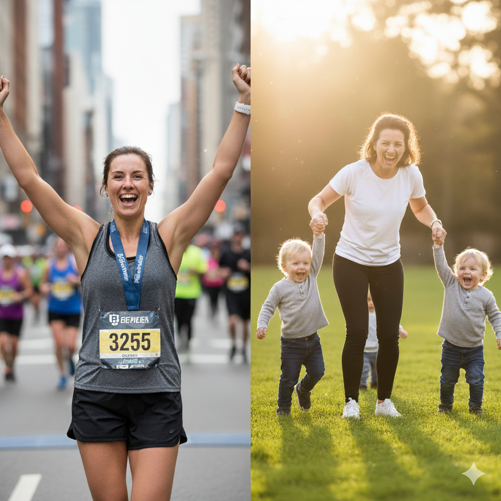 Split image showing a woman at a marathon finish line on the left, smiling with arms raised, and a woman playing with two children outdoors in a park on the right, all smiling and joyful.