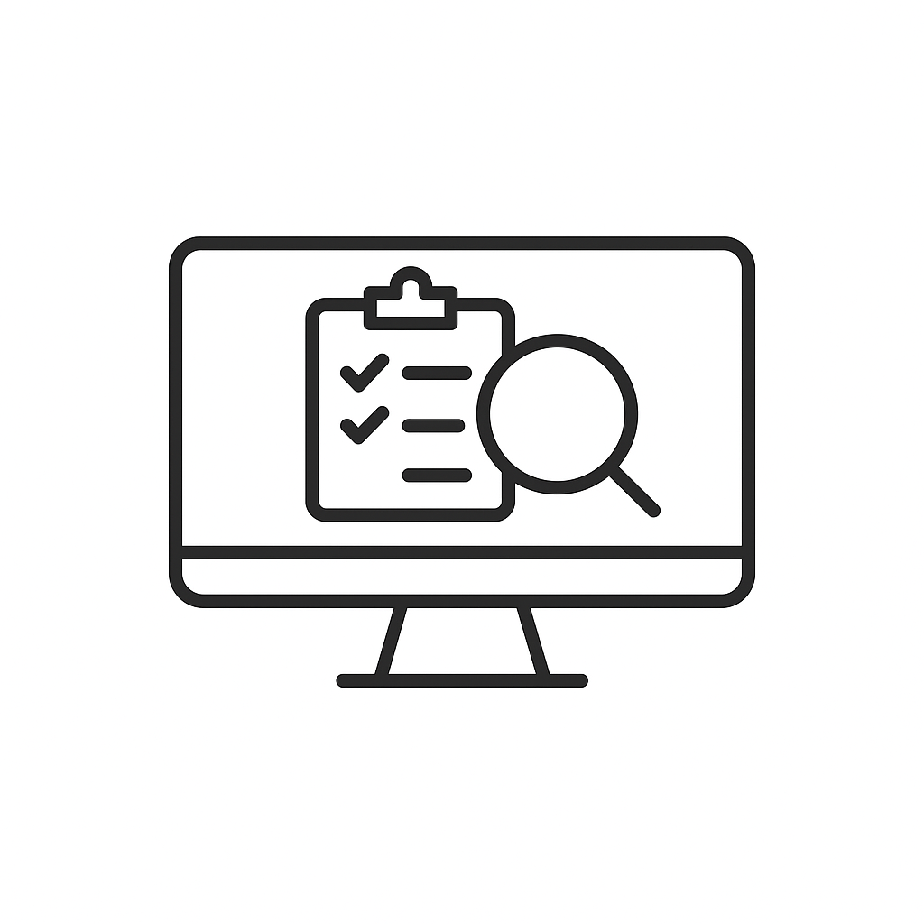 Line drawing of a computer monitor displaying a clipboard with checkmarks and a magnifying glass.
