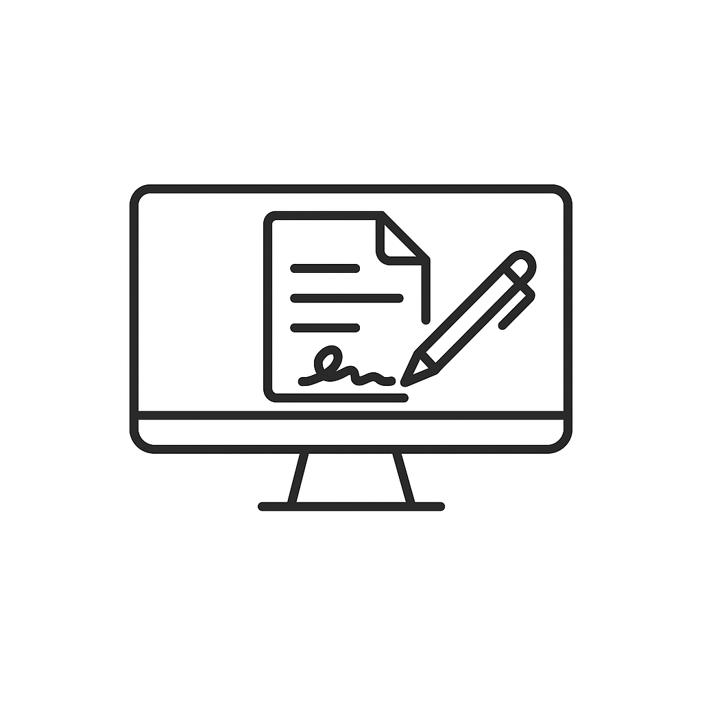 Line drawing of a computer monitor displaying a signed document and a pen.