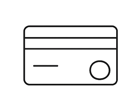 Simple line drawing of a credit card with magnetic stripe, chip area, and signature strip.