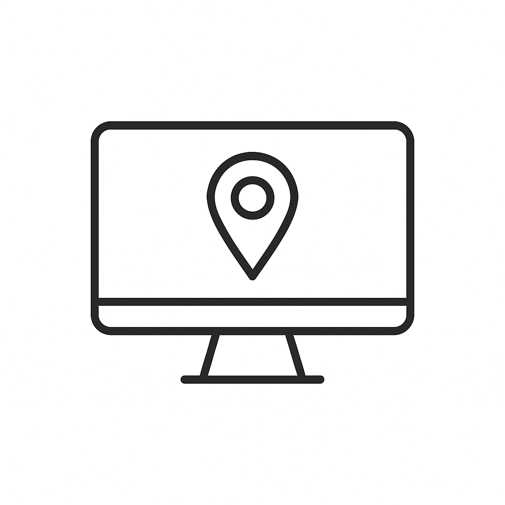 Outline of a computer monitor displaying a location pin icon.