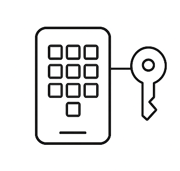 Line drawing of a smartphone with a grid of app icons and a key connected to the phone.