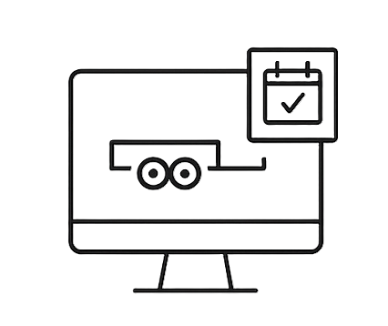 Line drawing of a computer monitor displaying a trailer, and a calendar with a checkmark above it.