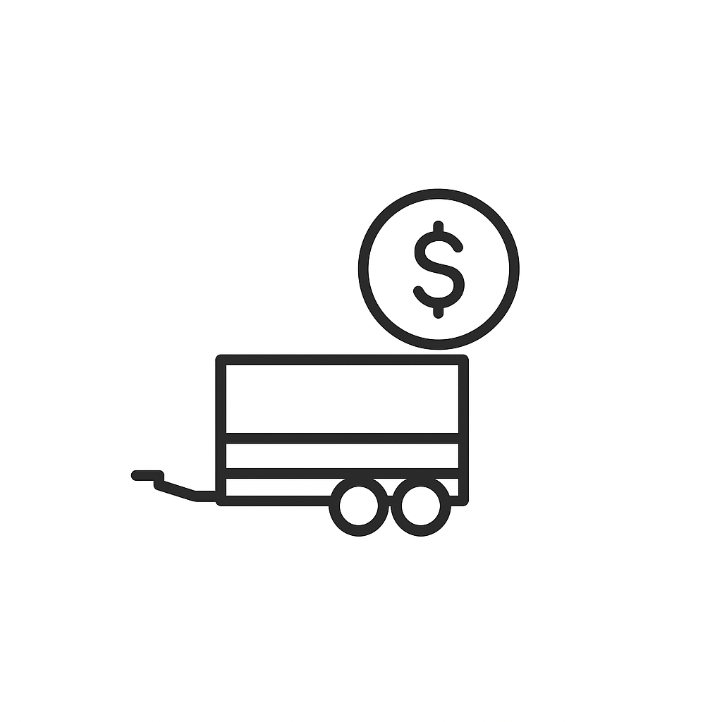 Line drawing of a shopping cart with a dollar sign coin above it.