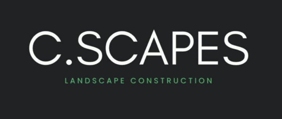 Logo for C. Scapes Landscape Construction on a black background with white and green text.