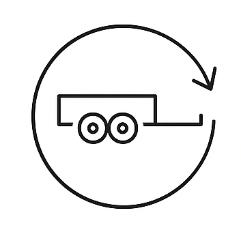 A simple line drawing of a trailer inside a circle with an arrow pointing clockwise around the circle.