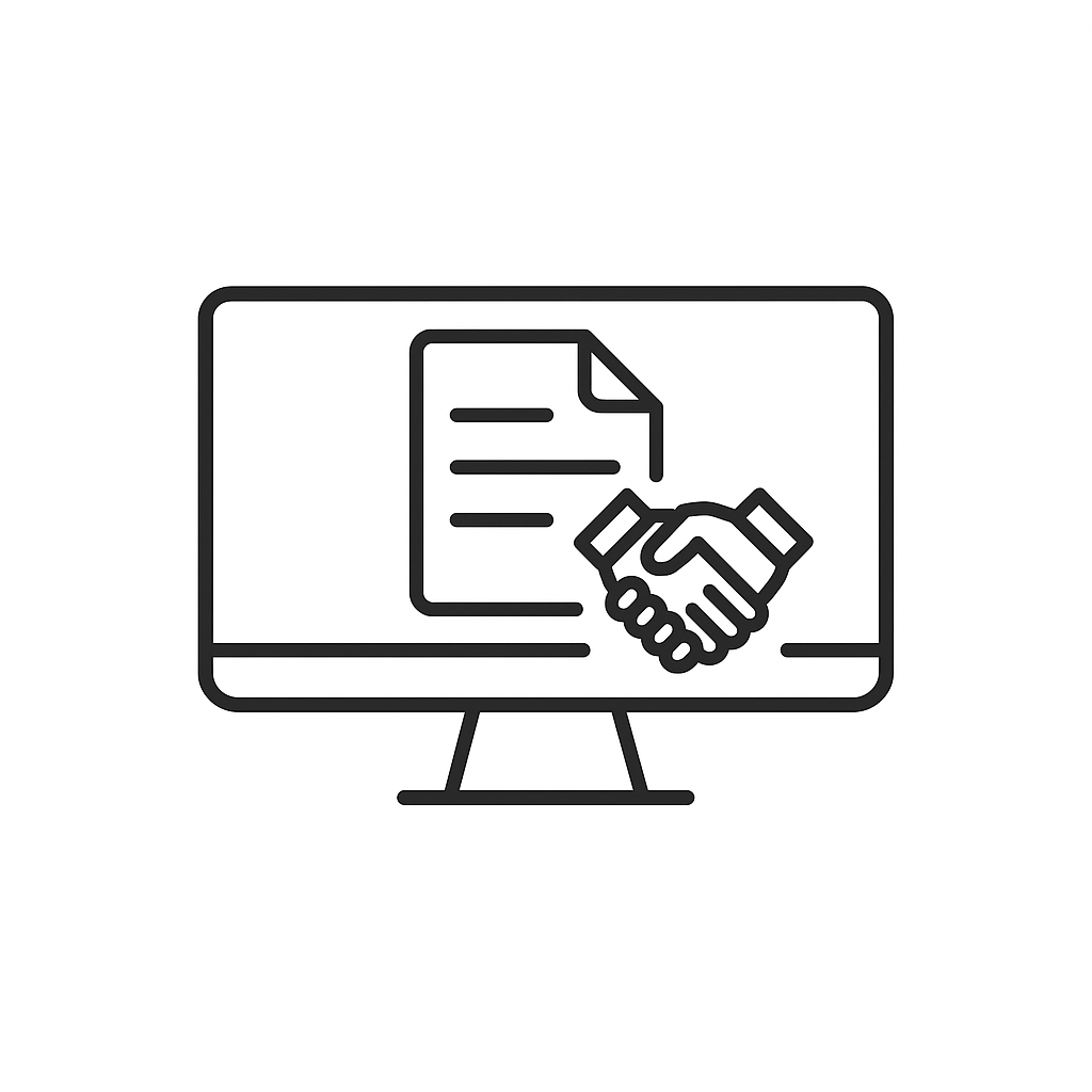 Computer monitor displaying a document and a handshake icon, symbolizing digital agreement or online contract.