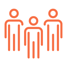 Icon of three stylized human figures in a row, with the middle figure centered and slightly smaller, all in orange color.
