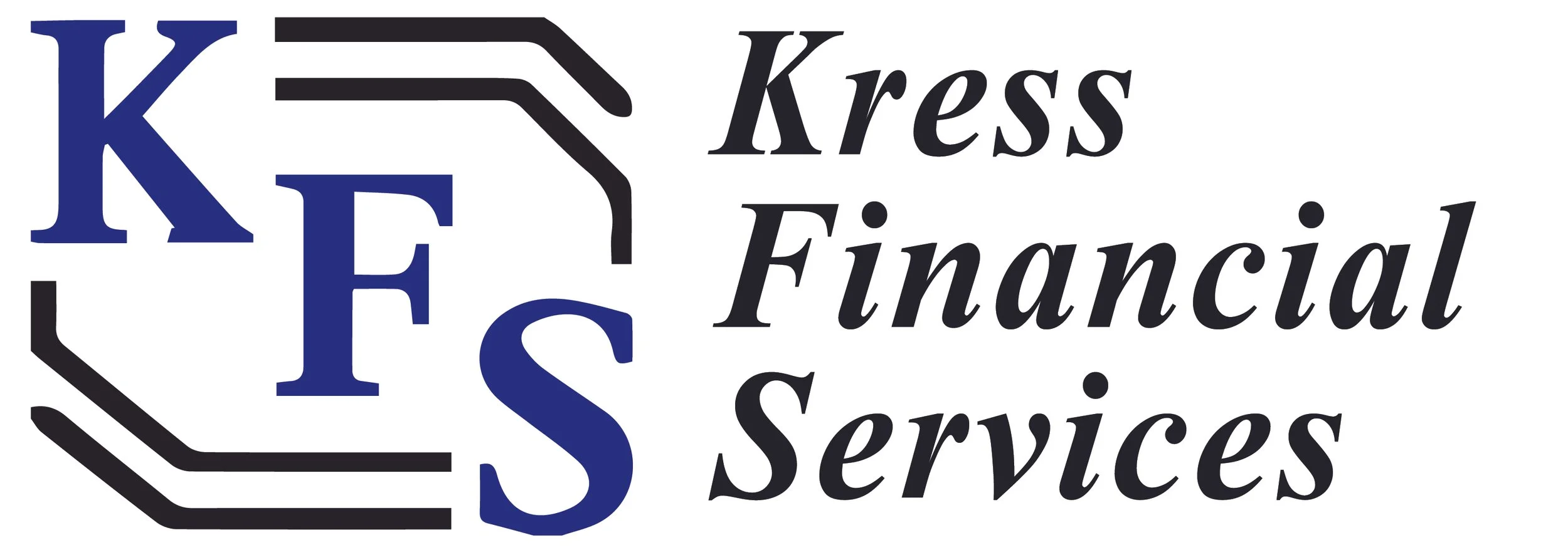 Logo for Kress Financial Services with blue and black lettering and a stylized stack of papers or documents.