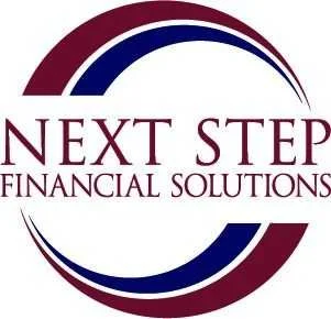 Next Step Financial Solutions logo with maroon and navy blue curved lines above and below the text