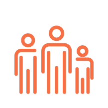 Simple orange line drawing of three human figures standing side by side in a row.