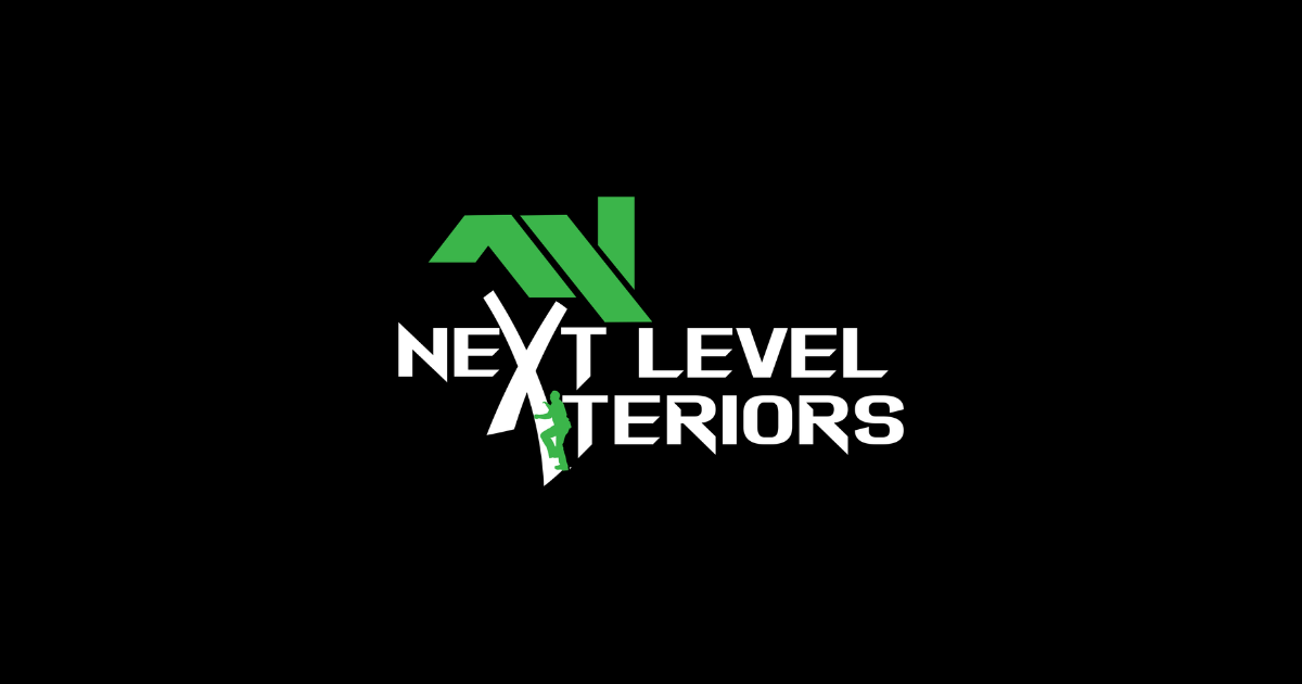 Logo with stylized text reading "Next Level Interior" and a green mountain peak design above, featuring a climbing figure on the letter "X".