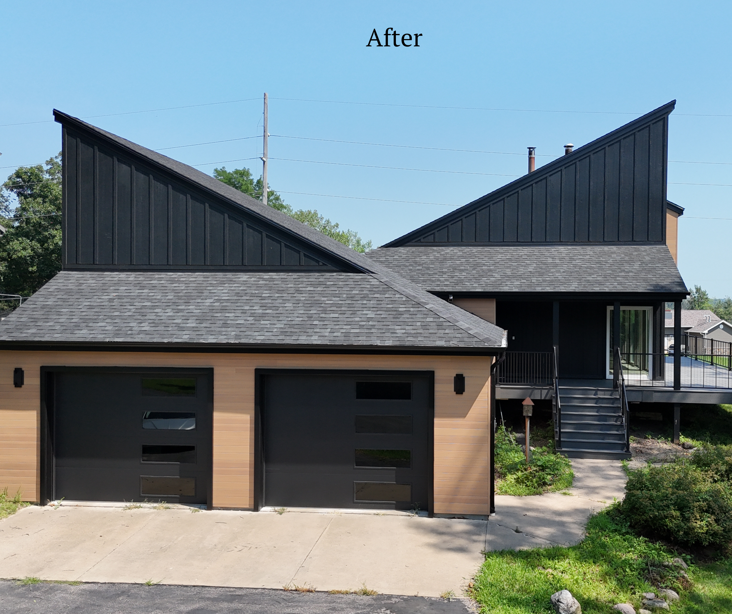 A modern house with a double garage, black doors, and a deck with stairs leading to a backyard, labeled 'After' at the top.