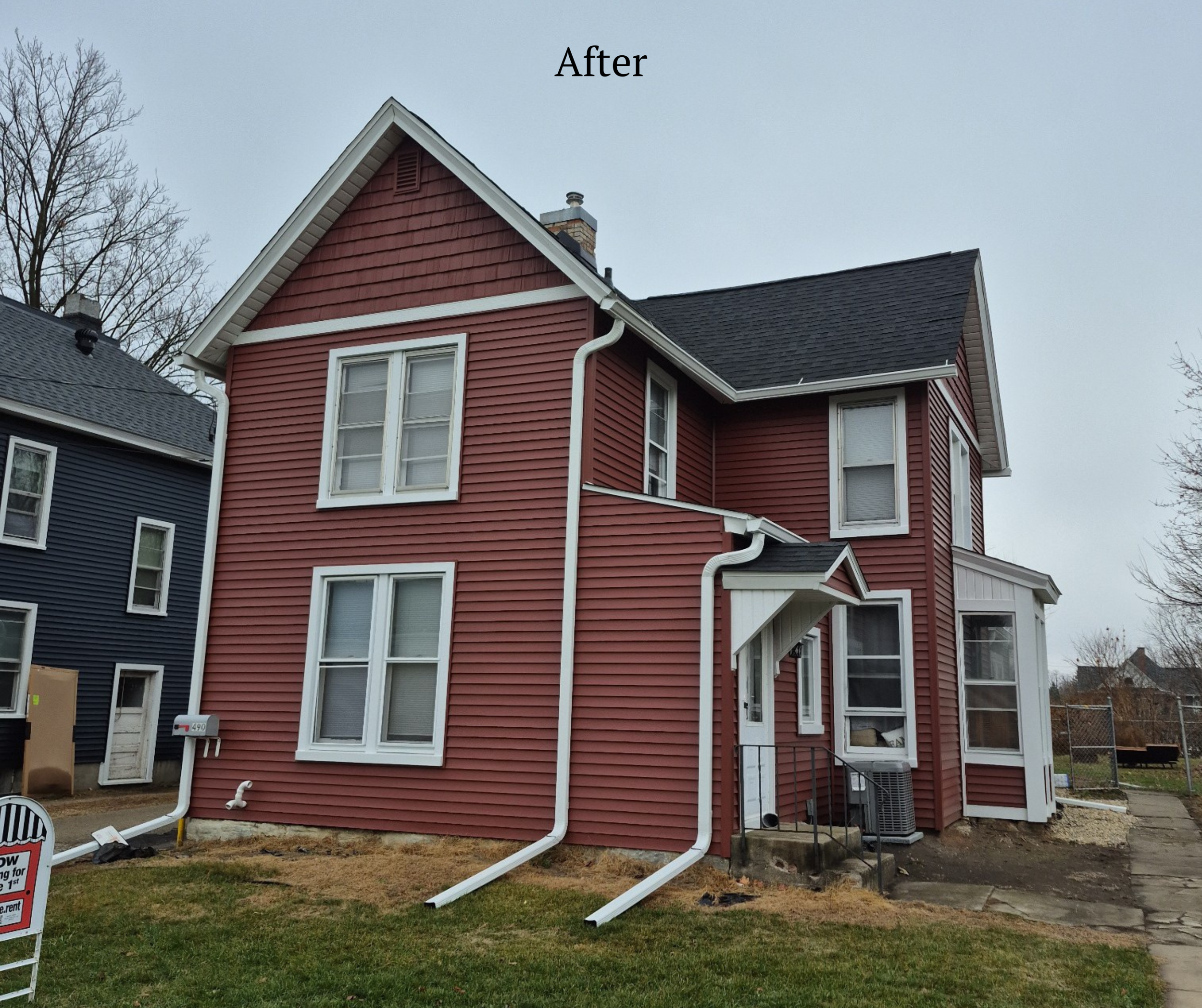 The house shown has new gutter ladders installed on the side, and the word 'After' is written at the top of the image, indicating it is the completion of gutter repair or replacement.