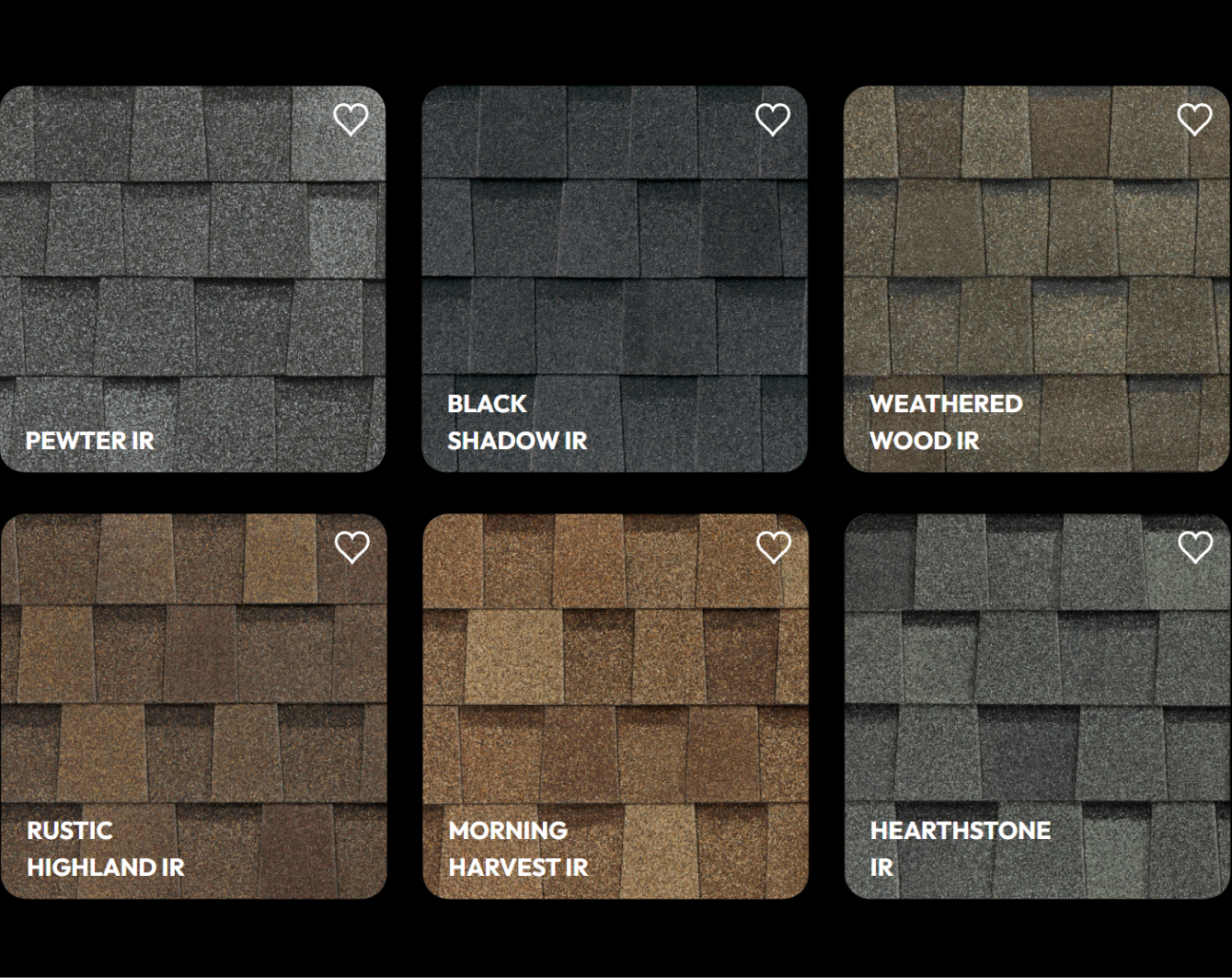 Display of six different types of roof shingles arranged in a grid with labels: Pewter IR, Black Shadow IR, Weathered Wood IR, Rustic Highland IR, Morning Harvest IR, Hearthstone IR.