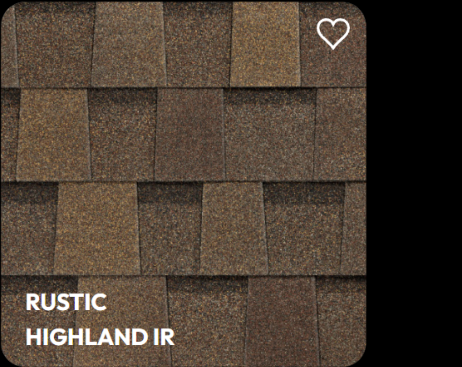 Close-up of asphalt roof shingles in brown and tan shades with a textured, rustic appearance, labeled 'Rustic Highland IR'.