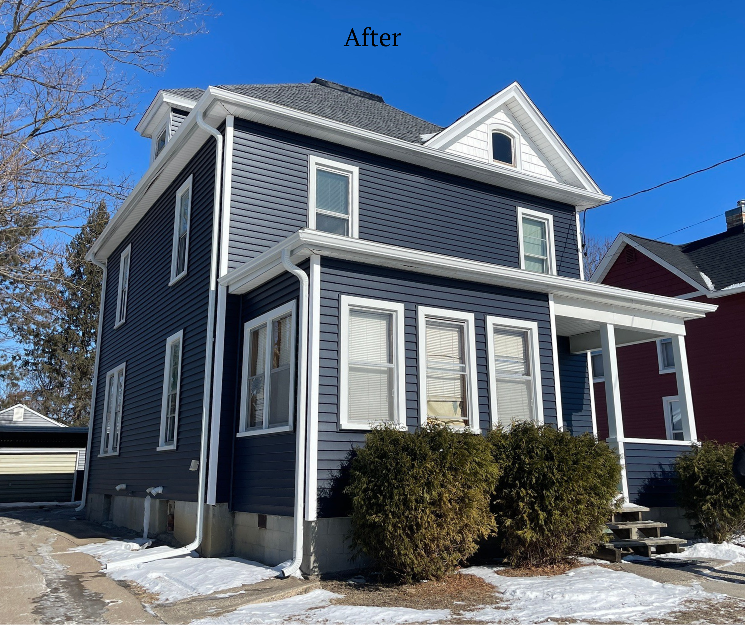 A remodeled blue house with white trim, multiple windows, front porch, and snow on the ground under a clear blue sky, labeled 'After'.