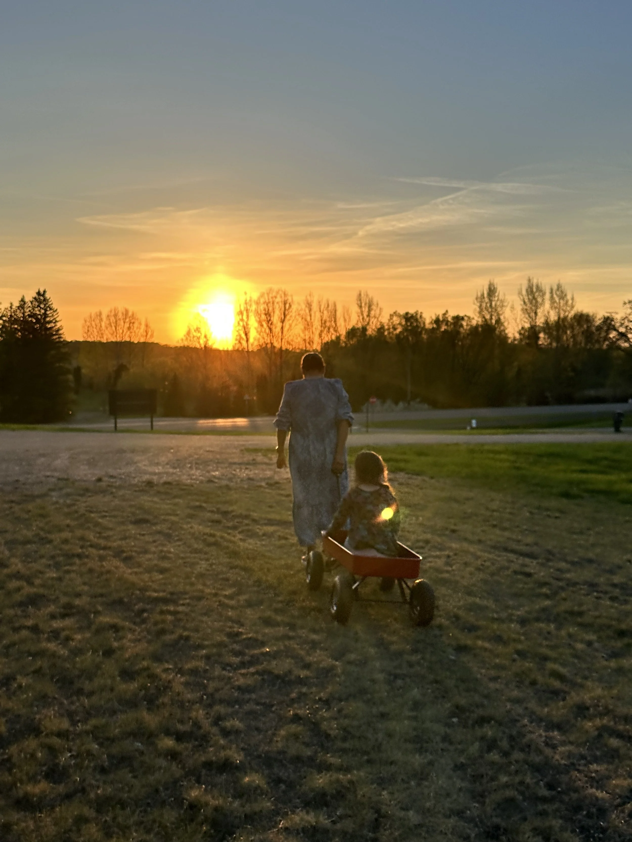 A woman and a child in a red wagon walking on a grassy field at sunset, with trees and a road in the background.