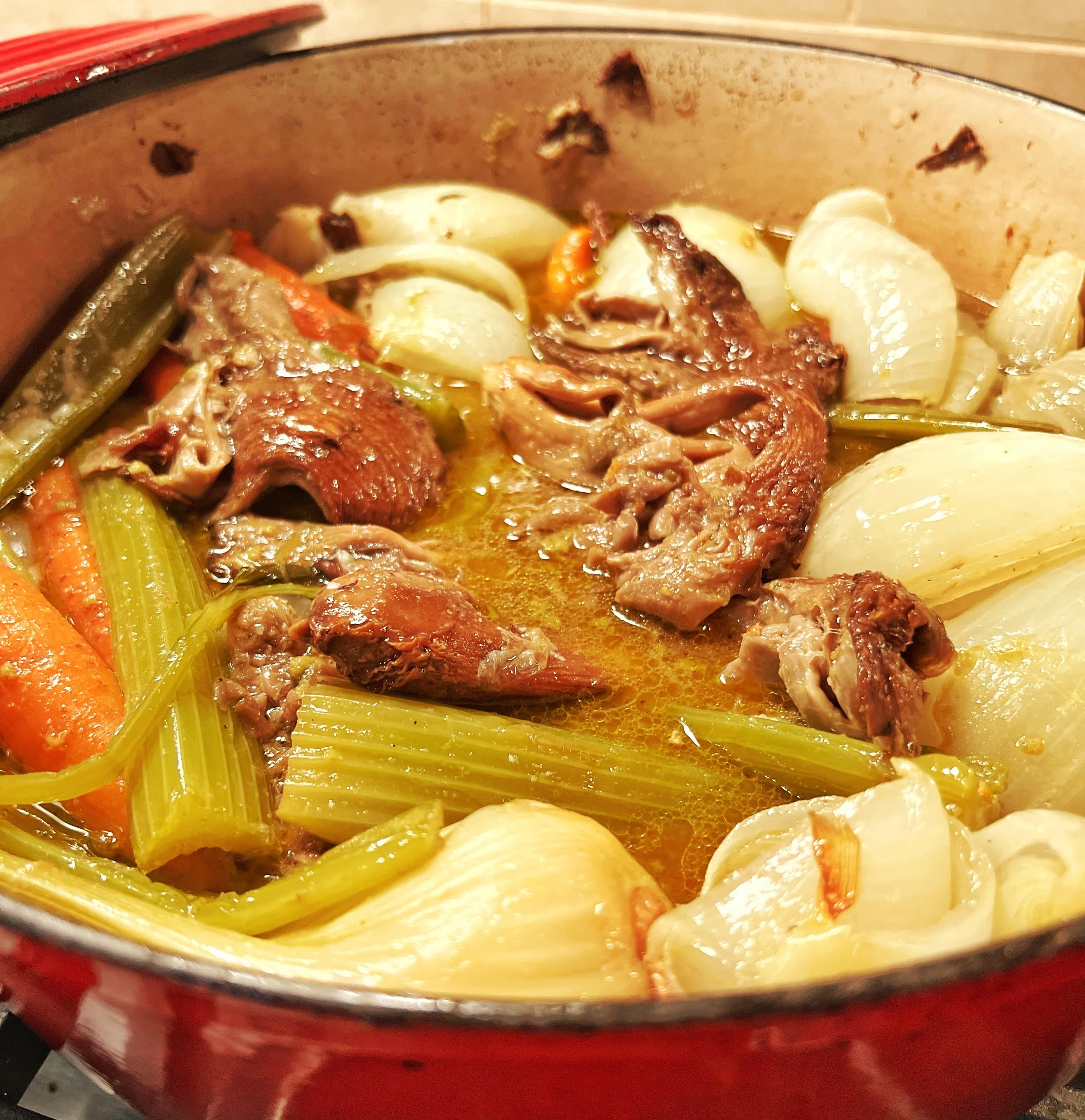 Freshly cooked pot of beef stew with carrots, celery, and onions in a rich broth.