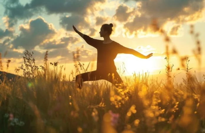 Una persona che fa yoga o meditazione in un campo durante il tramonto o l'alba.