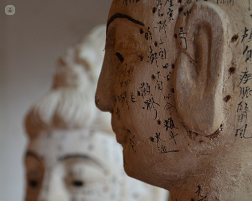 Due statue di terracotta con iscrizioni cinesi, vista laterale di una di esse.