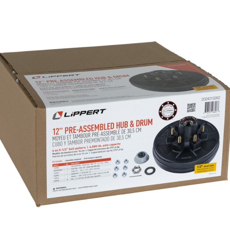 6000-lb.Axles, 12" Brake Hub Complete Kit with Installed Bearings - 6 on 5-1/2" Bolt Pattern, 1/2" Stud Size