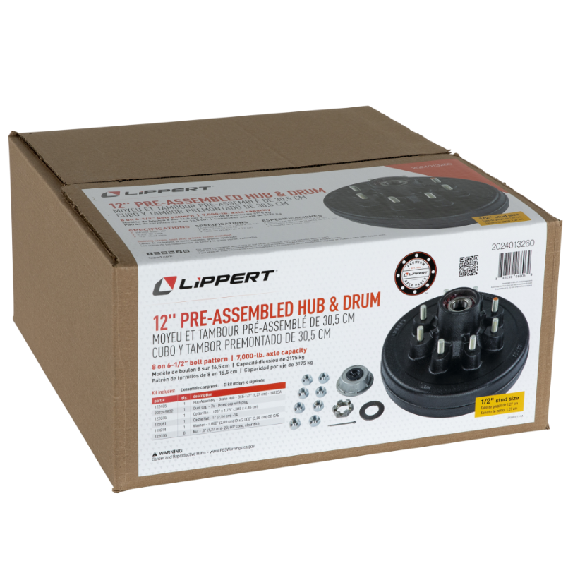 7000-lb.Axles, 12" Brake Hub Complete Kit with Installed Bearings - 8 on 6-1/2" Bolt Pattern, 1/2" Stud Size