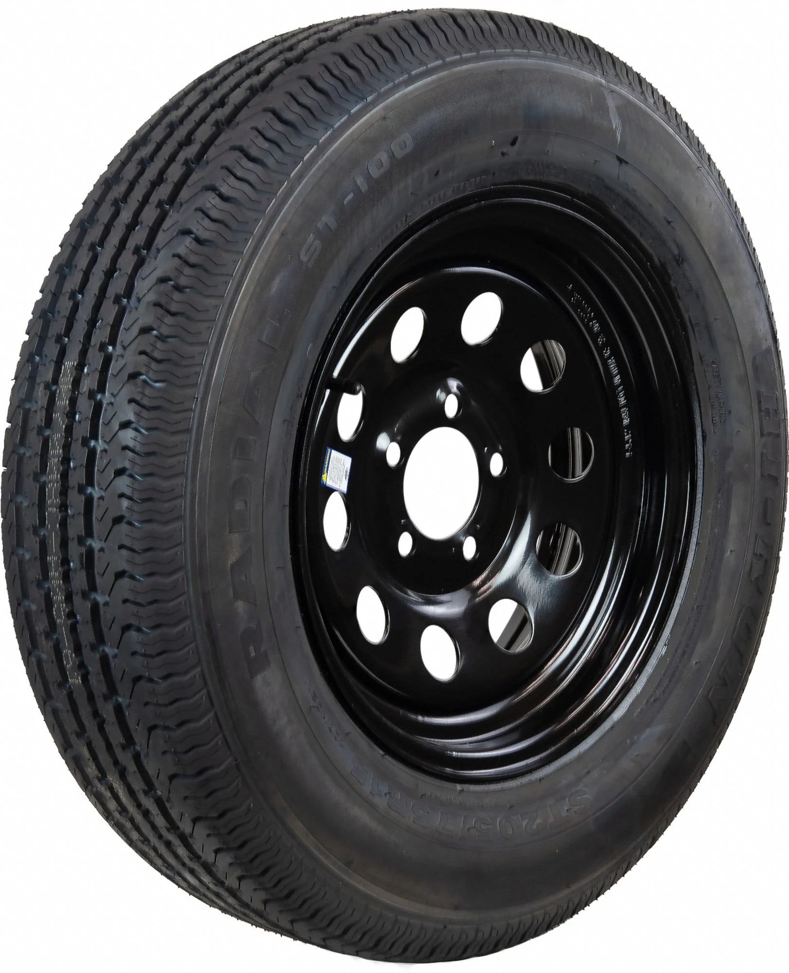 A black steel wheel with a tire mounted on it, isolated on a white background.