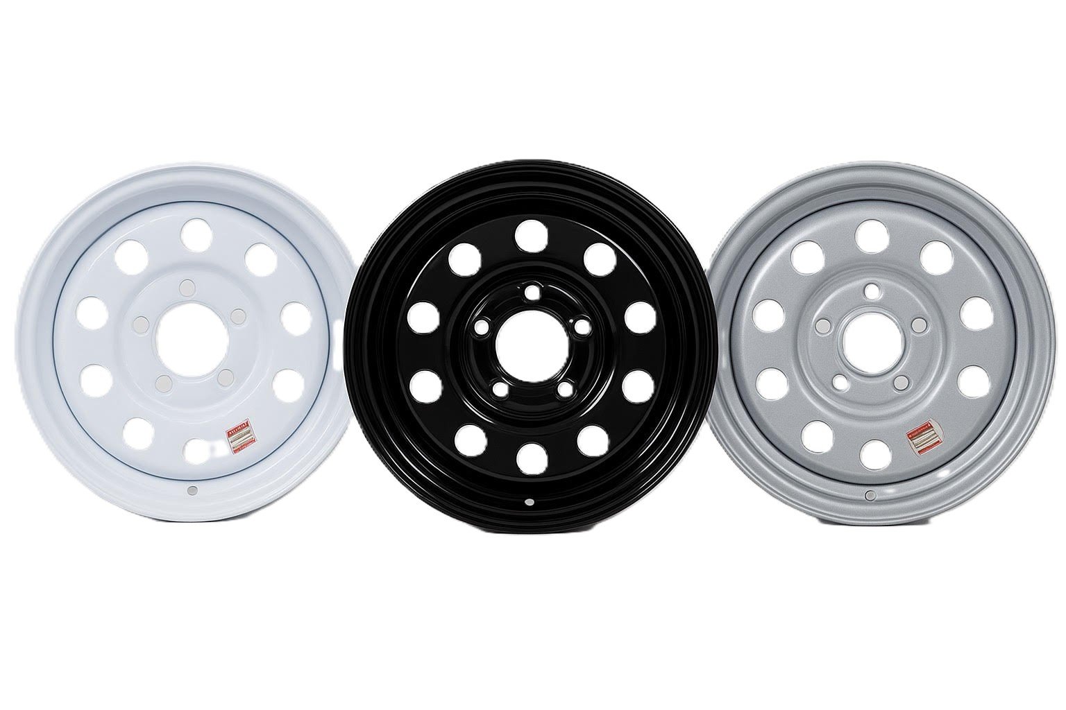 Three steel wheels with circular holes, shown in white, black, and silver colors, arranged side by side.