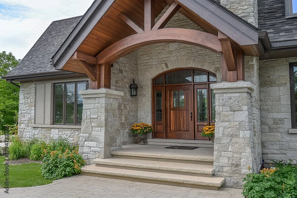 Stone house entrance with wooden door, arched window, and gabled roof, decorated with potted plants and a lantern.
