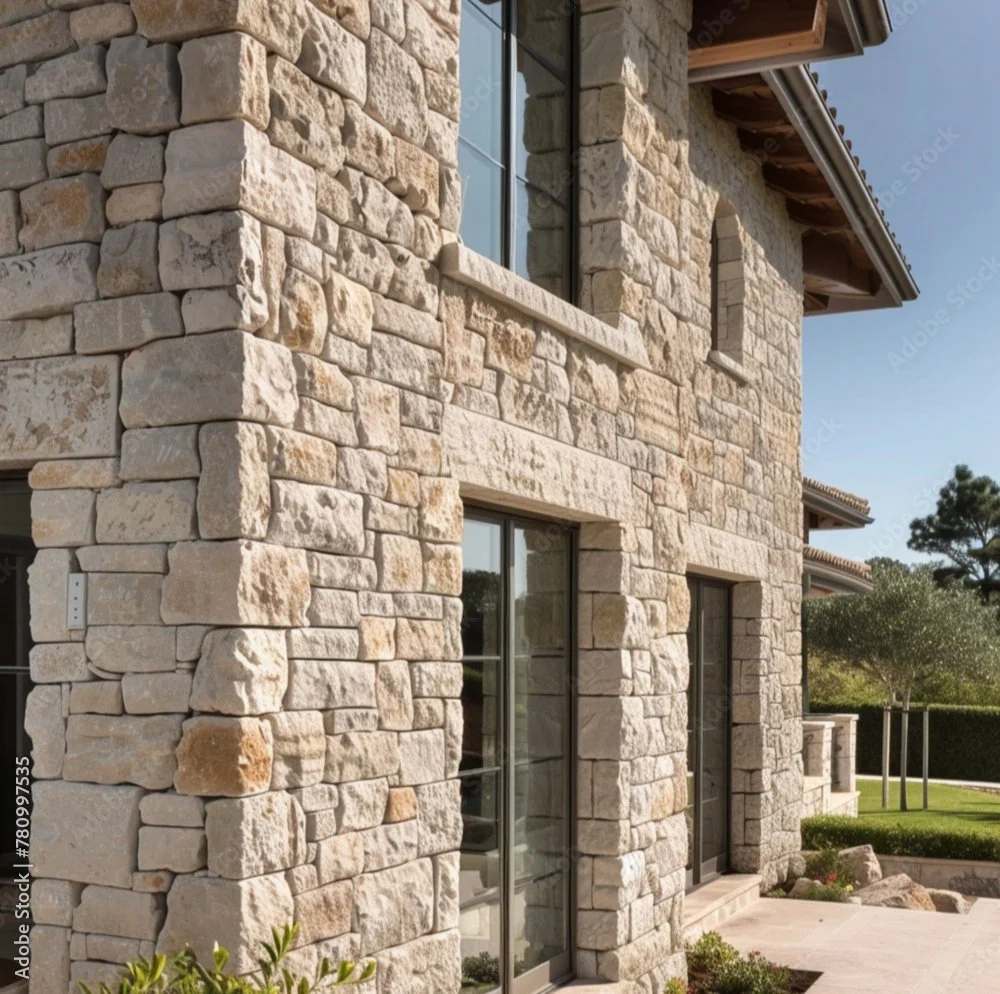 Close-up of a stone exterior wall of a house with large windows, showing beige and light brown stones arranged in a brick pattern, with a garden and trees in the background.