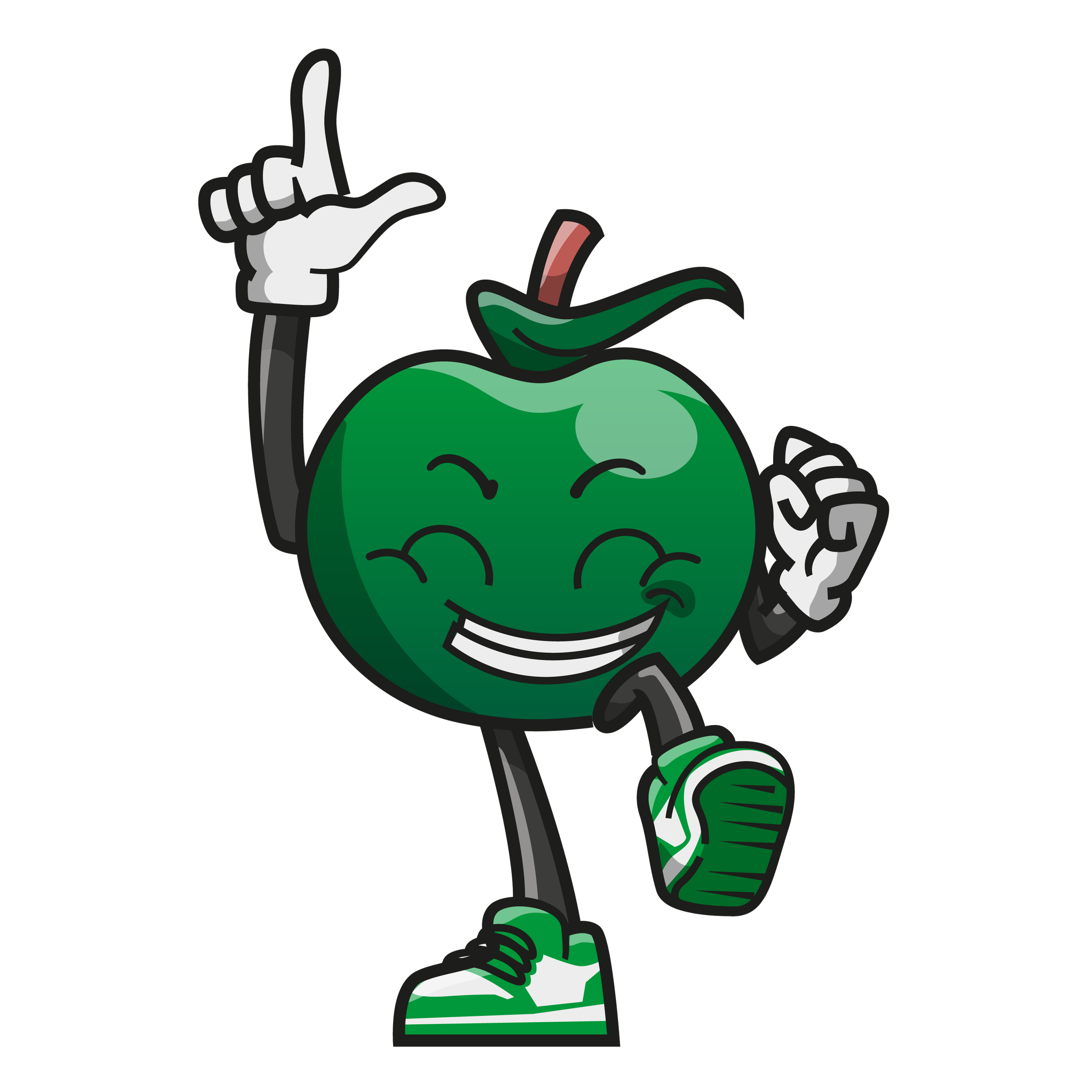 Animated green apple character with a smiling face, wearing green and white sneakers, raising one hand with a 'L' gesture, and holding a microphone.